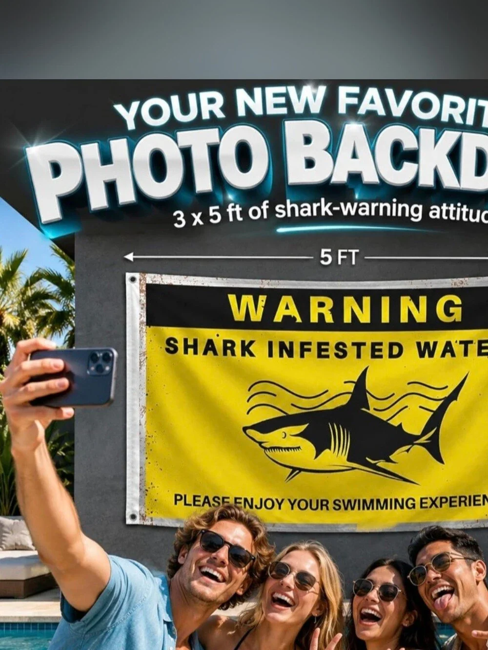 Warning Shark Infested Waters Yellow Black Banner